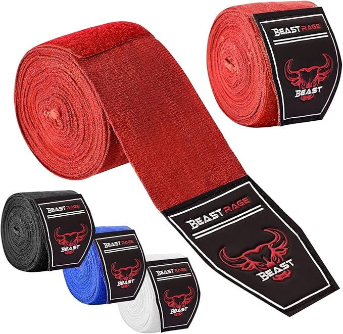 BEAST RAGE Boxing Hand Wraps 4.5 Meter Martial Arts Bandages Inner Gloves Wrist Support Straps Punching Under Hand Knuckles Heavy Elasticated Training Bag Mitts Muay Thai