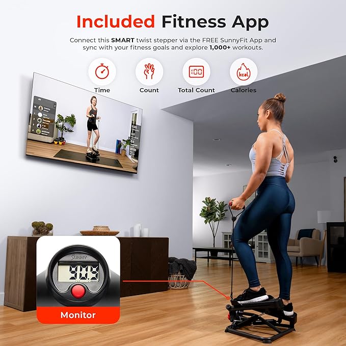 Sunny Health & Fitness Mini Stepper for Exercise at Home, Stair Step Workout Machine with Resistance Band, Fullbody Cardio, Upgraded Over 300lb Weight Capacity, Optional Free SunnyFit App Connection