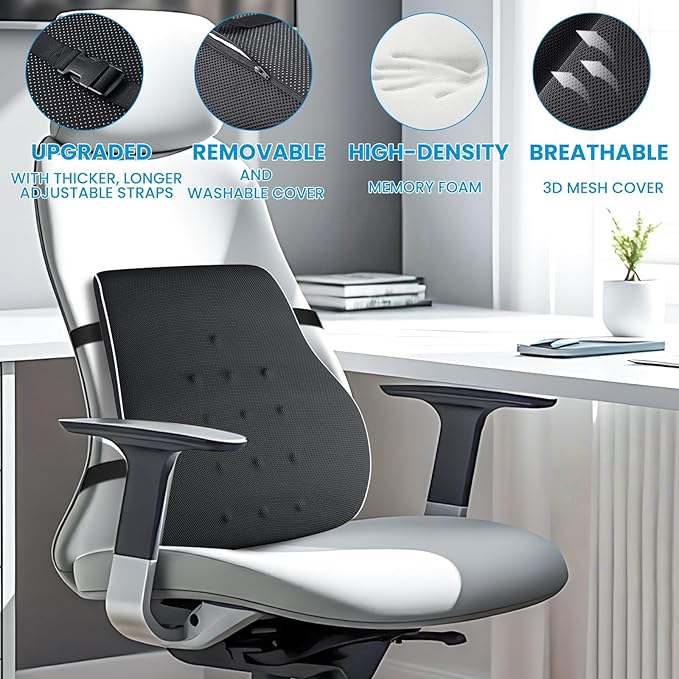 QUTOOL Lumbar Support Pillow for Office Chair,Office Home Essentials,Back Support Pillow for Car, Chair Cushions,Back Pain Relief Improve Posture,Mesh Cover Double Adjustable Straps