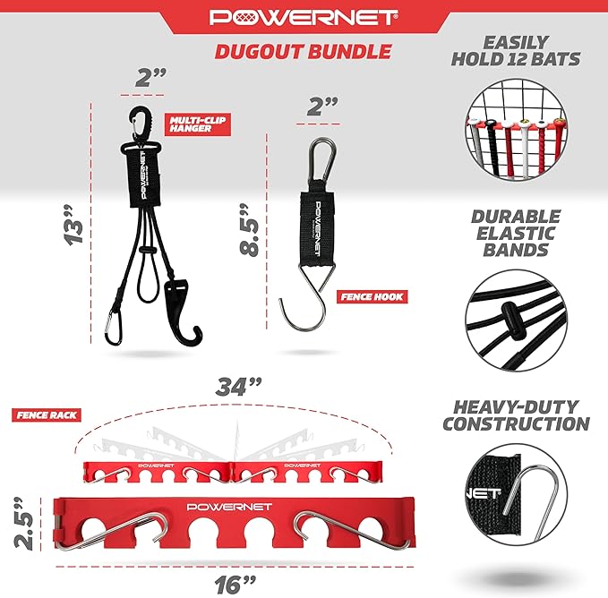 PowerNet Dugout Organizers, Softball & Baseball Bat Fence Rack, Multi-Clip Gear Hanger, Two Fence Hooks or Dugout Bundle, Baseball Coaching Accessories, Baseball Equipment Dugout Organizer with Hooks