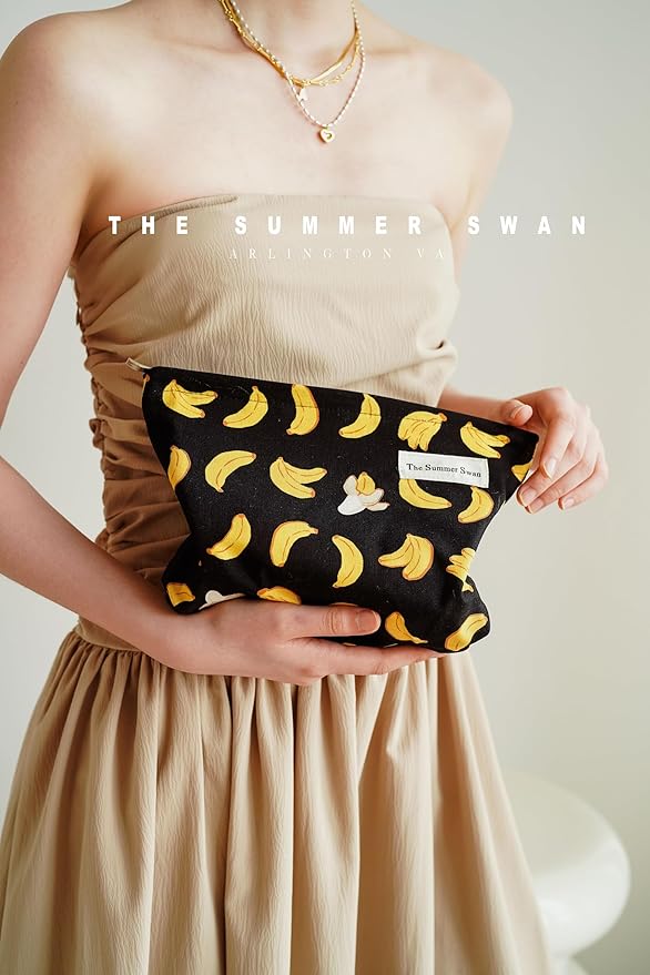 Banana Black Summer Swan | Large Floral Mid-day Clutch | Period Kit & Hygiene Skincare Bag