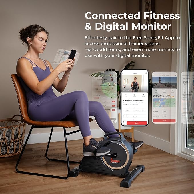 Sunny Health & Fitness Dual Function Under-Desk Bike Trainer, Mini Exercise Machine for Senior Training, Arm/Leg Cardio Cycle Workout, Optional Magnetic, Motorized & Free SunnyFit App Bluetooth Link