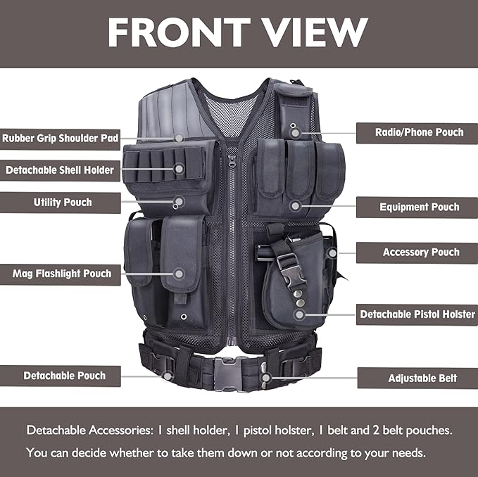 Airsoft Vest Adult Adjustable S-XXXXL, Tactical Vest for Men Lightweight Breathable 600D Nylon, Youth Combat vest for Paintball Training Black