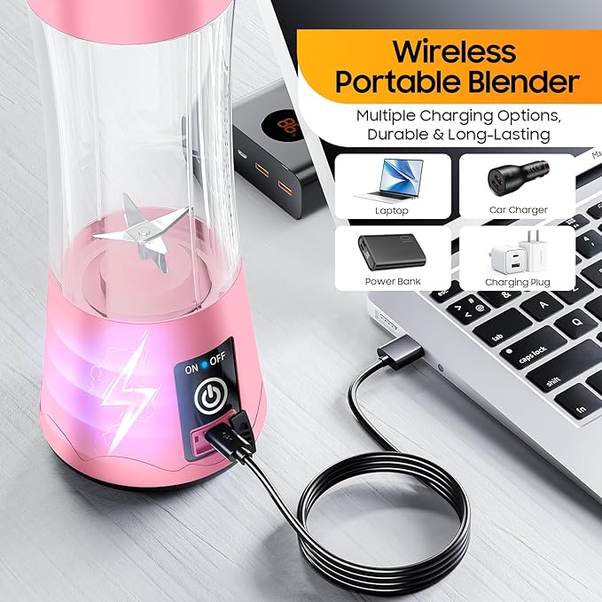 Portable Blender for Smoothies & Shakes - Personal Blender with 12Oz Traveling Cup, BAP Free, 6 Stainless Steel Blades, Freshly Squeezed for Office/Picnic/Sports