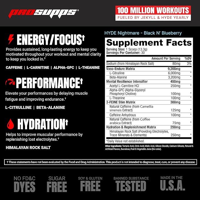 PROSUPPS Mr. Hyde Nightmare Pre Workout Powder with Caffeine & Beta Alanine - Preworkout for Intense Energy, Mental Focus & Performance - Gym & Fitness Supplements (Black N' Blueberry, 30 Servings)