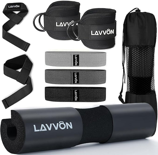 Barbell Pad Set for Hip Thrust 10Pcs- Squat Pad for Barbell Lunges & Bar Padding - Bench Press Standard Weight Bar Pad - with Ankle Straps, Wrist Straps for Weightlifting, 3 Lifting Strap