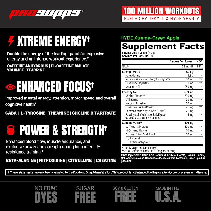 PROSUPPS Mr. Hyde Xtreme Pre Workout Powder with Creatine, Beta Alanine & Caffeine - Extreme Energy, Pumps, Focus & Performance - Fitness & Gym Supplements for Men & Women (Green Apple, 30 Servings)