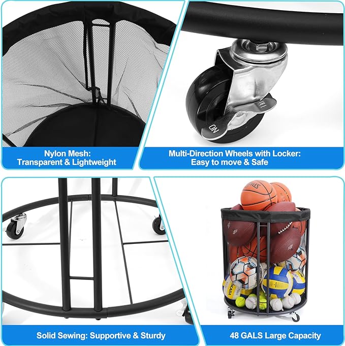 Ball Storage Bin for Garage, Balls Holder for Soccer, Basketball, Ball Cart, Rolling Basketball Rack for Outdoor, Indoor