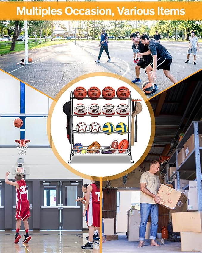 Basketball Rack, Rolling Basketball Shooting Training Stand,Sports Equipment Storage with Wheels, Four-Layer Organizer Holder with Two Basket for Basketballs Footballs Volleyball