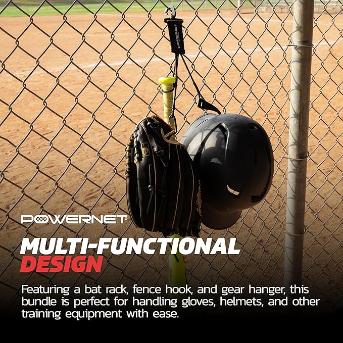 PowerNet Dugout Organizers, Softball & Baseball Bat Fence Rack, Multi-Clip Gear Hanger, Two Fence Hooks or Dugout Bundle, Baseball Coaching Accessories, Baseball Equipment Dugout Organizer with Hooks