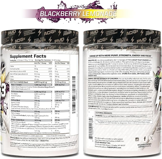 PMD Sports ACG3 Fully Charged - Electrifying Pre Workout Powder - High Energy & Pump Pre Workout for Men and Women to Maximize Focus, Endurance & Performance - BlackBerry Lemonade (30-60 Servings)