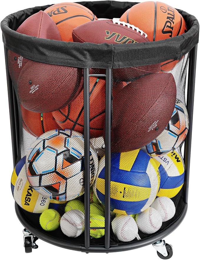 Ball Storage Bin for Garage, Balls Holder for Soccer, Basketball, Ball Cart, Rolling Basketball Rack for Outdoor, Indoor