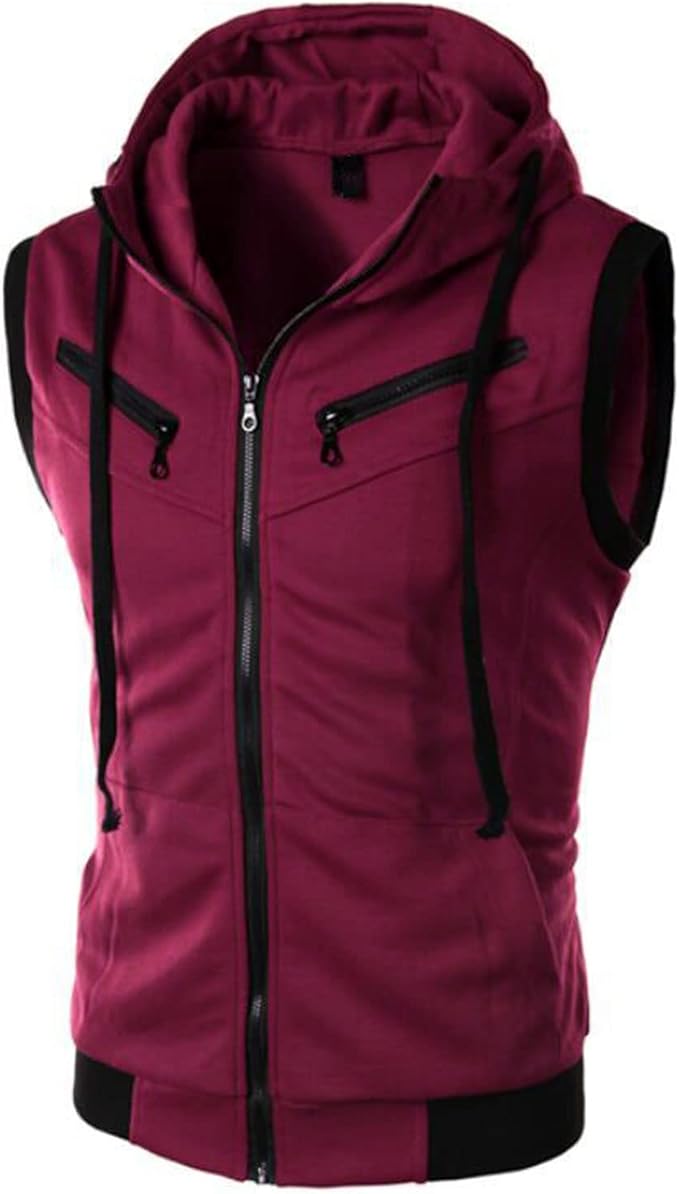 Previn Men's Sleeveless Hoodie Casual Slim Fit Zip Up Drawstring Plain Tank Top Hooded Vests