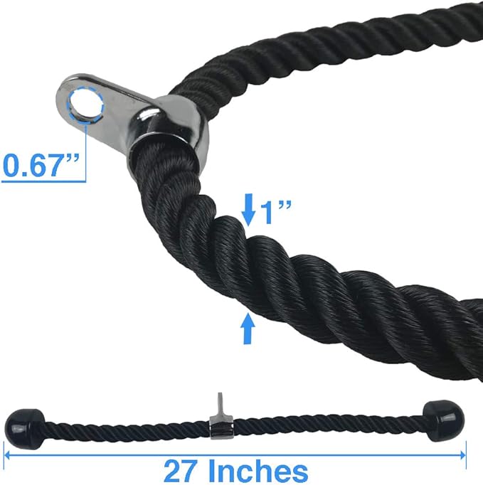 Black Tricep Rope Pull Down & Poster Set | 27 or 36 Inch Heavy Duty Nylon Rope, Chrome Cable Attachment | Professional or Home Gyms | Includes Workout Poster, Snap Hook, Bag