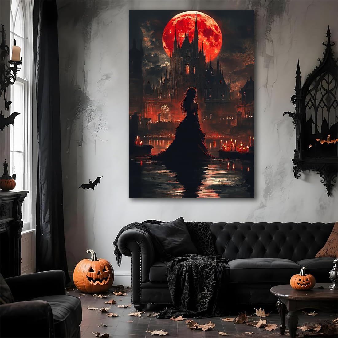 Halloween Witch Poster Canvas Prints Art Vintage Decor,Red Castle Blood Moon and Witch Scene Gothic Painting,Rustic Dark Academia Wall Art for Bathroom Spooky Living Room Wall Decor,24"x36" Unframed