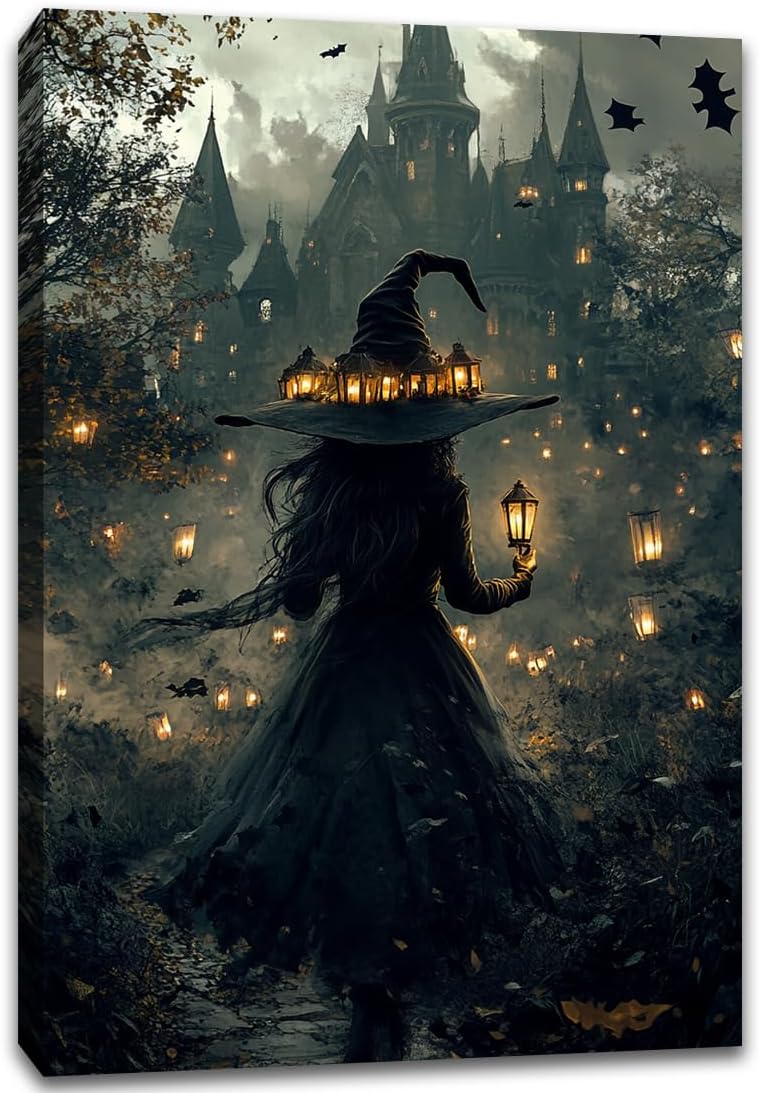 Halloween Witch and Haunted House Canvas Wall Art,Dark Academia Scary Witch Castle Posters Prints,Thriller Horror Gothic Wall Decor Pictures for Halloween Party House Decoration,8"x12" Framed