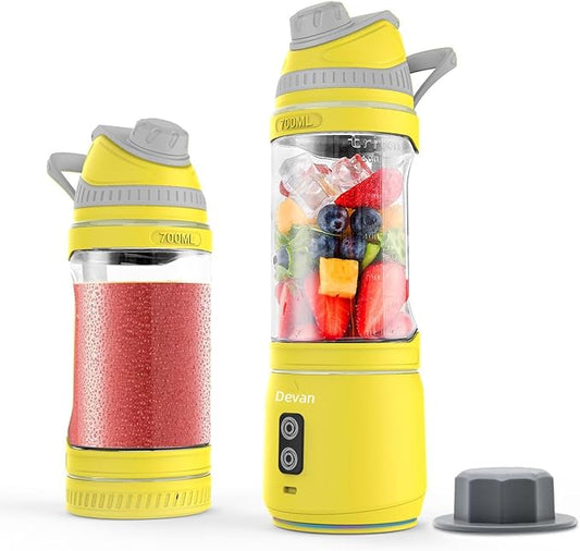 Portable Blender for Smoothies and Shakes, Anti-Jamming, 24oz USB-C Rechargeable, BPA-Free, Electric Protein Shaker Bottle with Travel Lid for Kitchen, Gym & Office. (Yellow Base Grey Lid)