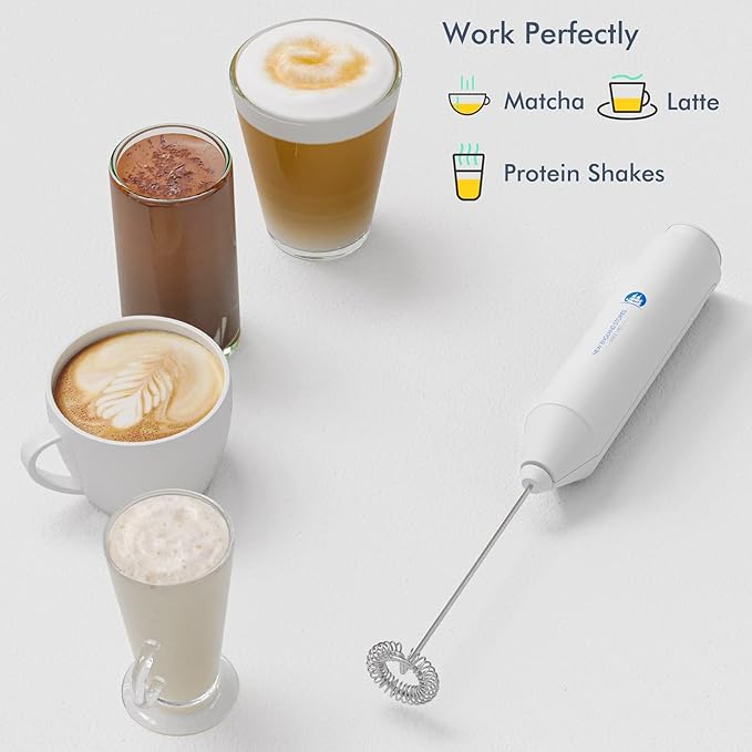 Powerful Milk Frother Handheld Foam Maker, Mini Whisk Drink Mixer for Coffee, Cappuccino, Latte, Matcha, Hot Chocolate, No Stand, White