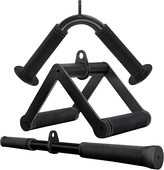 Double D Row Handle Cable Attachment for Weight Workout, Steel with Non-Slip Rubber Grip (Black)