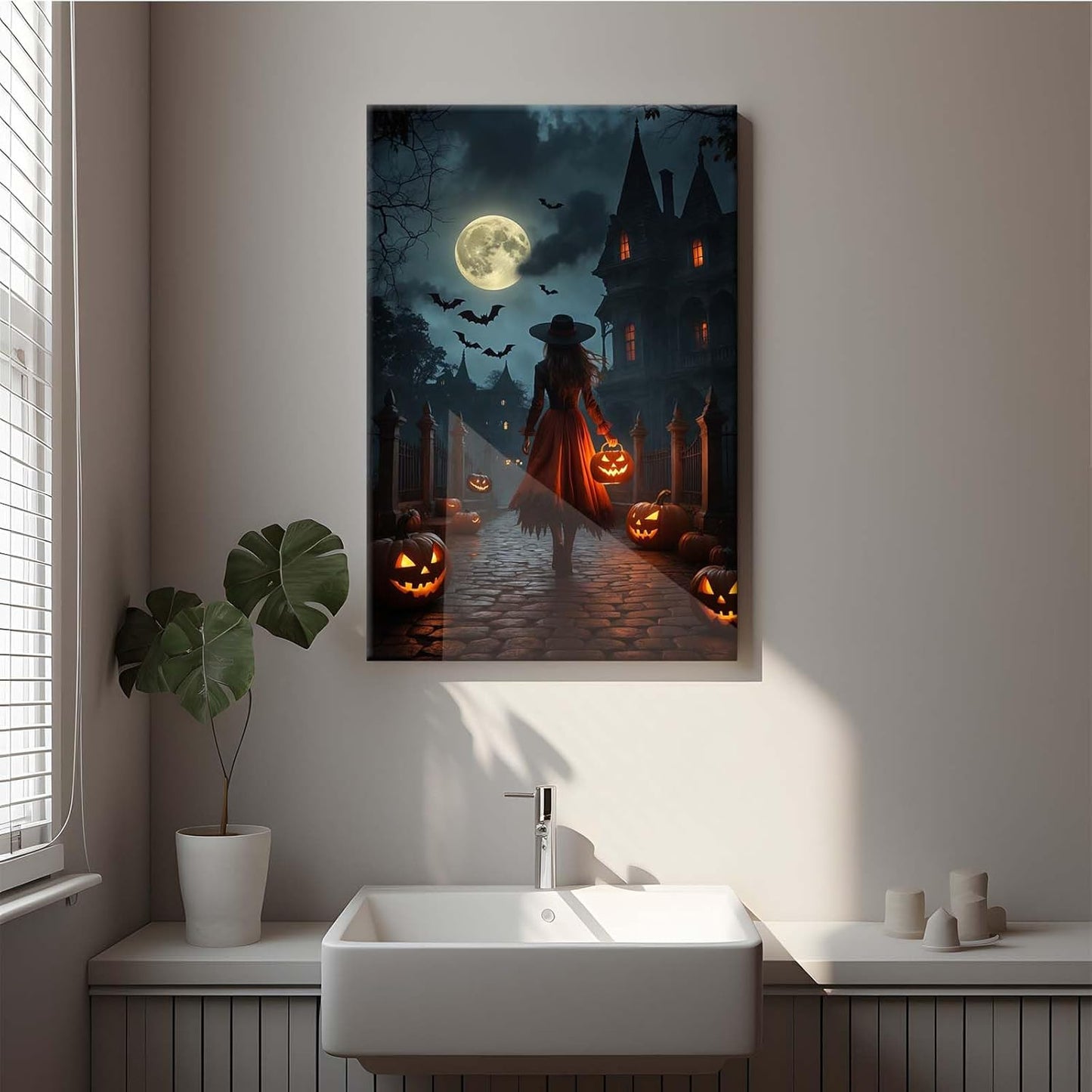 Halloween theme poster moonlit autumn night witch vintage poster art print dark college style gothic painting canvas wall decoration bedroom living room ideal gift8x12in Wood Framed