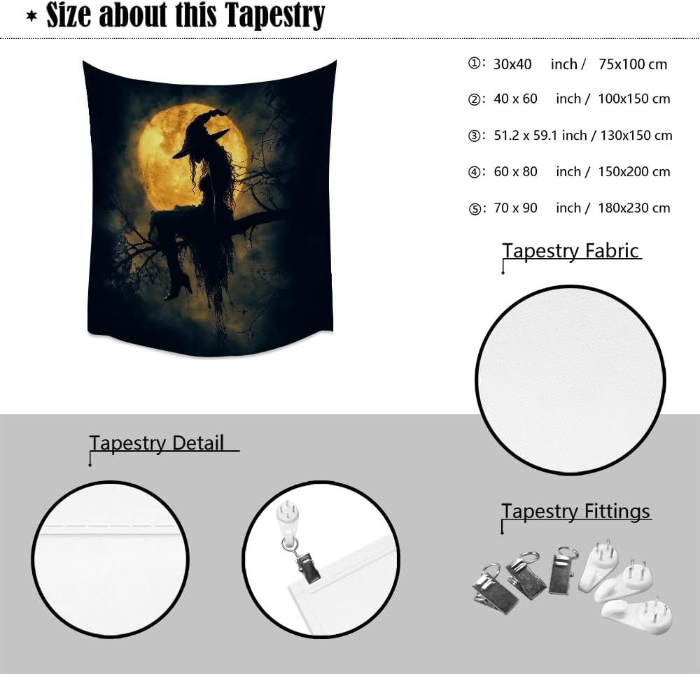 Halloween Witch Tapestry Wall Art Witchcore Moon Aesthetic Print Dark Academia Gothic Tapestries Wall Hanging Horror Ghost Halloween Party Decor for Home Living Room Bedroom 50x60inch