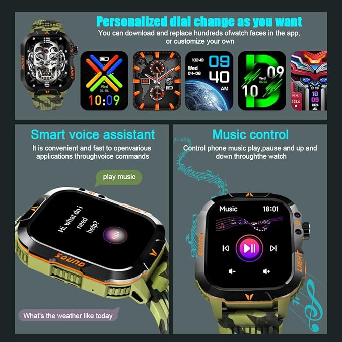 QTLLBT Men's Military Smart Watch Altimeter Barometer Compass IP68 Waterproof Suitable for Swimming Answer/Make Call Function Outdoor Tactical Smart Fitness Watch Heart Rate for Android & iOS