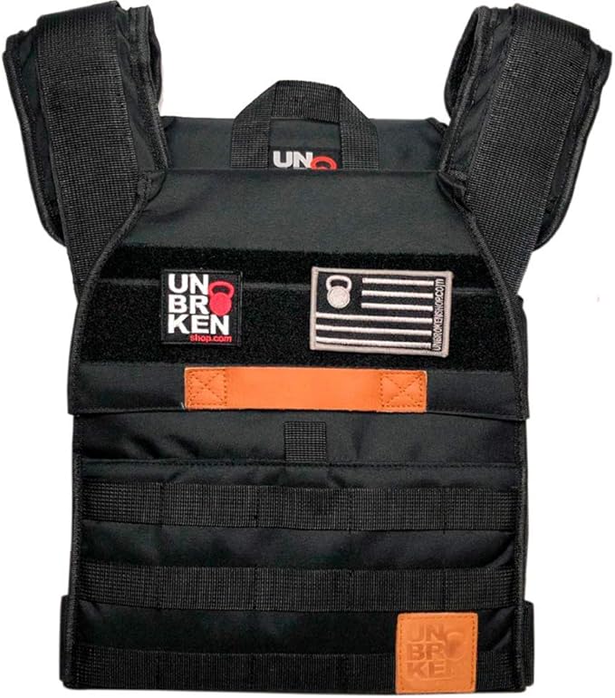 Unbrokenshop.com Adjustable Weighted Vest, WOD Cross Fitness, Weight Plates Carrier for Strength and Endurance Training and Running. For Men or for Women, 2 Patches Included [Black]