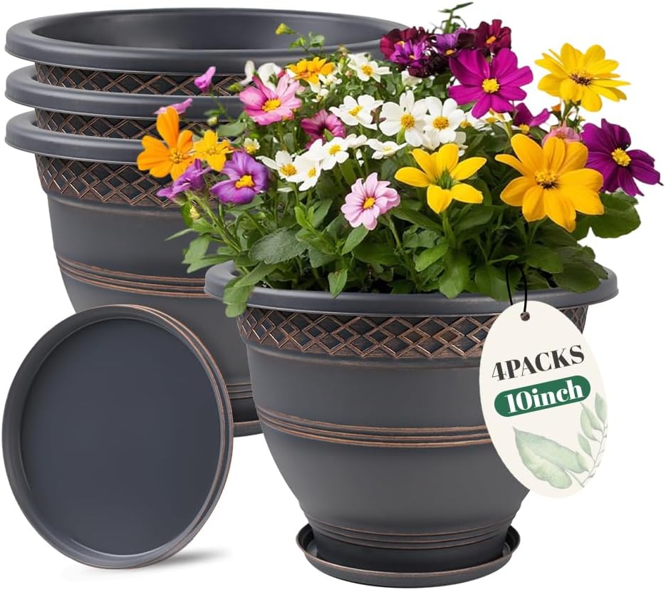 10 Inch 4 Pack Large Plant Pots, Plastic Flower Pot for Indoor & Outdoor with Drainage Holes & Saucer, Plaid Pattern Planters Garden Pots for Herbs