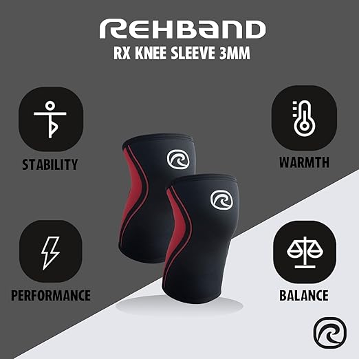 Rehband Knee Sleeve 3mm Neoprene, Lightweight Knee Brace for Endurance and Ball Sports, Unisex Compression Starter Knee-Sleeves, Breathable Running Knee Support, Colour:Black/Red - 1 Pair, Size:Medium