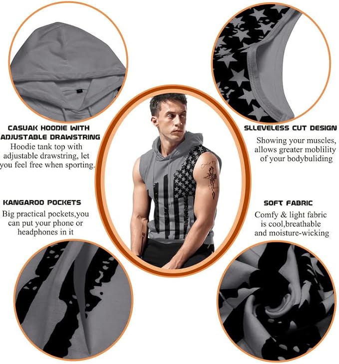 Babioboa Men's Workout Hooded Tank Tops Sleeveless Gym Hoodies Bodybuilding Muscle Cut Off T-Shirts