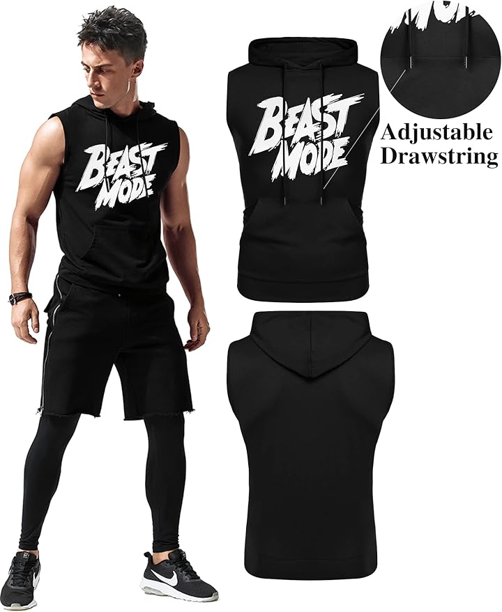 Babioboa Men's Workout Hooded Tank Tops Sleeveless Gym Hoodies Bodybuilding Muscle Cut Off T-Shirts