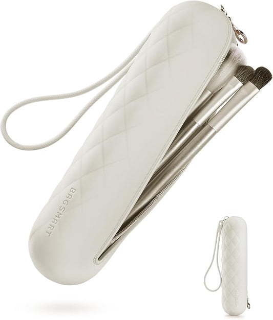 BAGSMART Makeup Brush Holder Bag with Metal Zipper Closure, Travel Make Up Brush Case Cosmetic Bag, Silicone Soft Portable Face Brushes Travel Essentials Organizer Holder, White