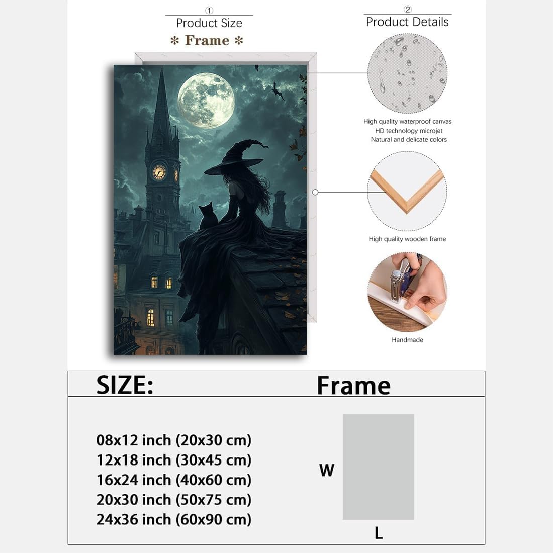 Halloween Witch Black Cat Wall Art,Magical Moon Witch on Roof with Black Cat at Night Scene Painting Haunting Dark Witches Canvas Print for Haunted House Party Decor Poster,8"x12" Framed