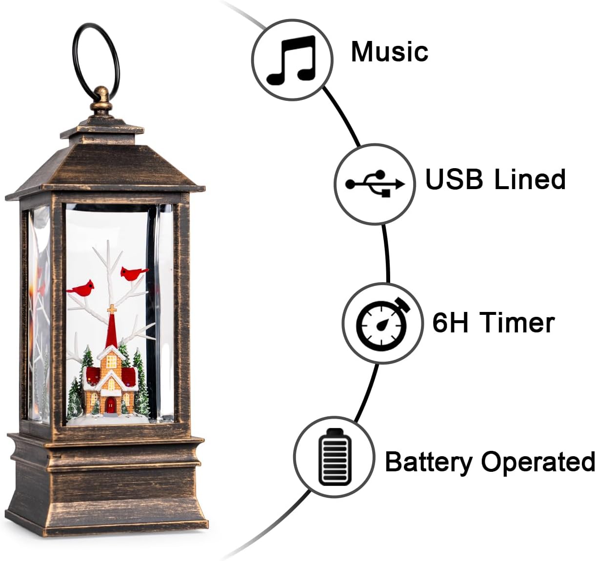 10'' Christmas Snow Globe Lantern Lighted Christmas Village Church Scene Musical Water Lantern with Swirling Glittering Home Decoration and Gift, Battery Operated or USB Powered