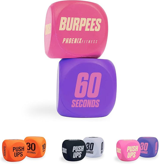 Phoenix Fitness Exercise Dice - Workout Dice Game for Cardio, HIIT Training and Exercise Classes - Training Includes Push Ups, Squats, Jumping Jacks, Crunches & Wildcard - Home and Gym
