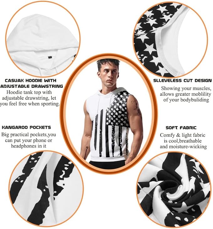 Babioboa Men's Workout Hooded Tank Tops Sleeveless Gym Hoodies Bodybuilding Muscle Cut Off T-Shirts