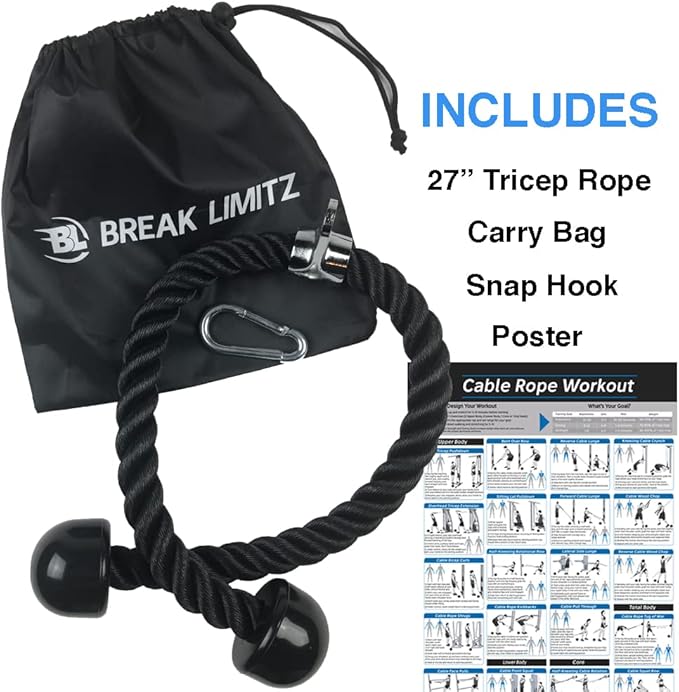 Black Tricep Rope Pull Down & Poster Set | 27 or 36 Inch Heavy Duty Nylon Rope, Chrome Cable Attachment | Professional or Home Gyms | Includes Workout Poster, Snap Hook, Bag