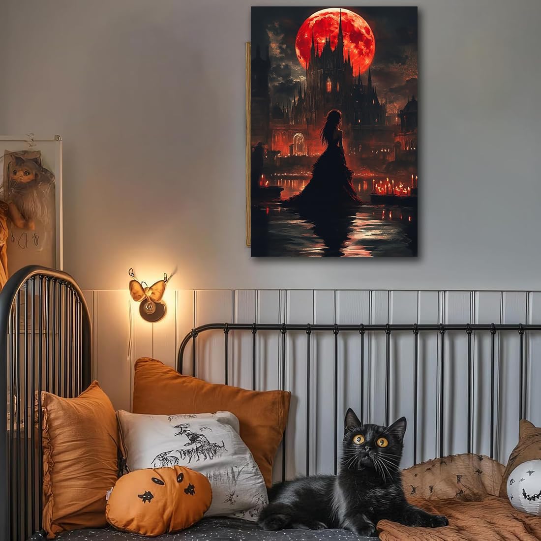 Halloween Witch Poster Canvas Prints Art Vintage Decor,Red Castle Blood Moon and Witch Scene Gothic Painting,Rustic Dark Academia Wall Art for Bathroom Spooky Living Room Wall Decor,16"x24" Unframed