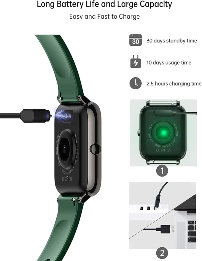 Popglory Smart Watch, Smartwatch with Blood Pressure, Blood Oxygen Monitor, Fitness Tracker with Heart Rate Monitor, Full Touch Fitness Watch for Android & iOS for Men Women (Green)