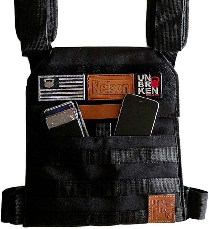 Unbrokenshop.com Adjustable Weighted Vest, WOD Cross Fitness, Weight Plates Carrier for Strength and Endurance Training and Running. For Men or for Women, 2 Patches Included [Black]