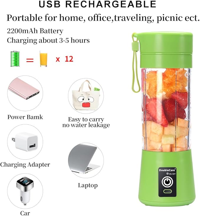 Portable Electric USB Juicer Blender Cup, Mini Blender for Shakes and Smoothies, Juice - 380ml, Six Blades, Green