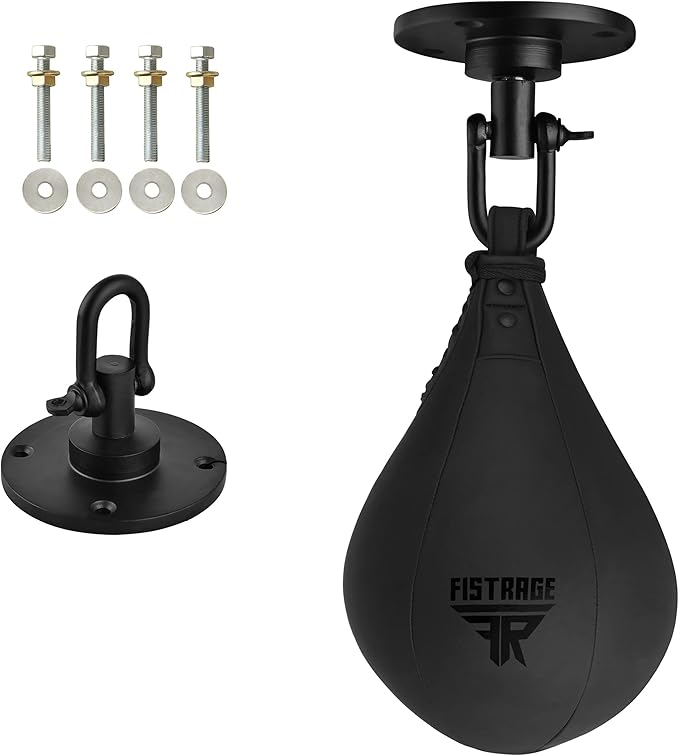 FISTRAGE Speed Bag Boxing Ball Leather MMA Muay Thai Training Punching Dodge Striking Kit with Free Hanging Swivel Workout Speedball Kicking Platform Equipment
