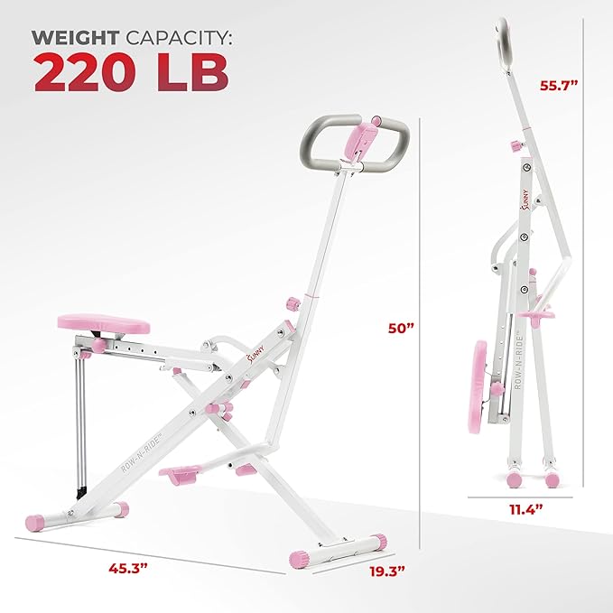 Sunny Health & Fitness Row-N-Ride Squat Assist Trainer, Foldable & Easy Setup Exercise Equipment w/Adjustable Resistance, Home Gym Training Machine for Arm, Glute & Leg Workout, Optional in Colors