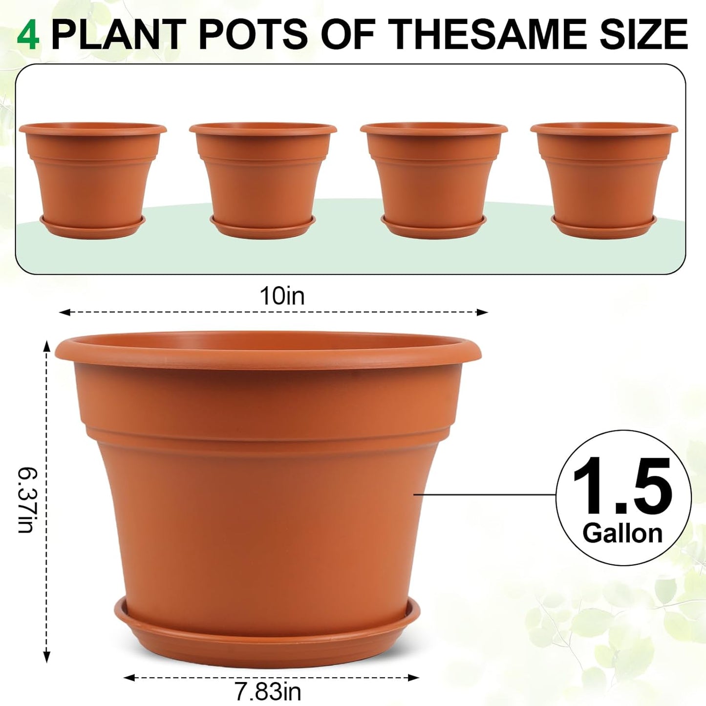 10 Inch Plastic-Flower-Pot-for-Indoor-Plants, 4 Pack Large Outdoor Planter Pot with Drainage Holes & Saucers, Resin Decorative Garden Pots Planters