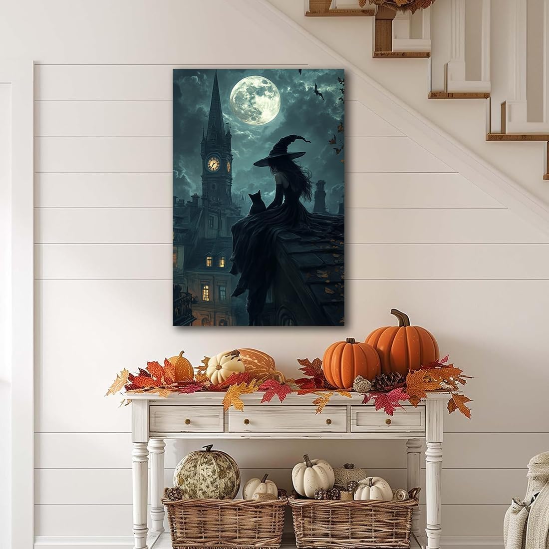 Halloween Witch Black Cat Wall Art,Magical Moon Witch on Roof with Black Cat at Night Scene Painting Haunting Dark Witches Canvas Print for Haunted House Party Decor Poster,20"x30" Unframed