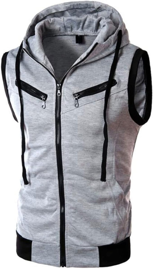 Previn Men's Sleeveless Hoodie Casual Slim Fit Zip Up Drawstring Plain Tank Top Hooded Vests