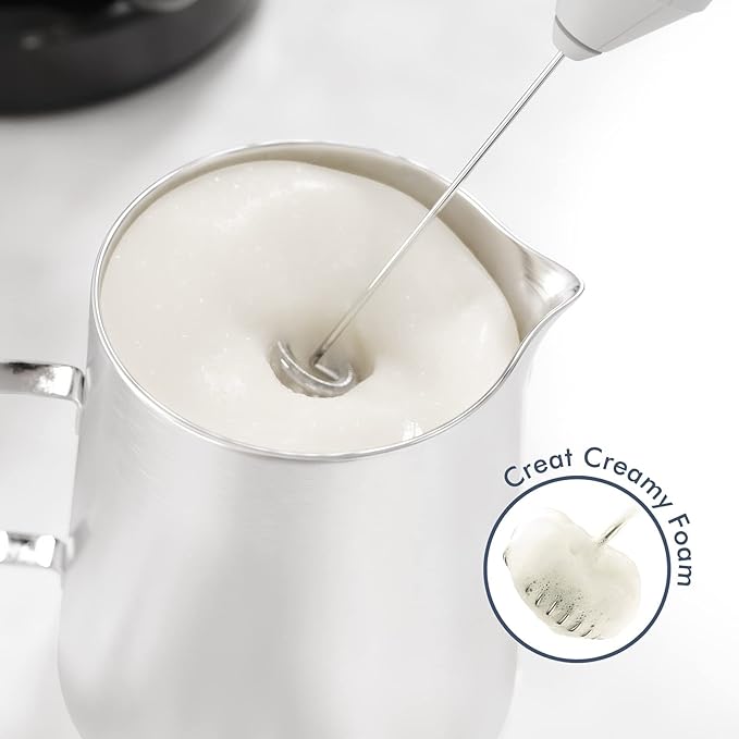 Powerful Milk Frother Handheld Foam Maker, Mini Whisk Drink Mixer for Coffee, Cappuccino, Latte, Matcha, Hot Chocolate, With Stand, White