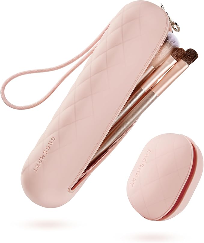 BAGSMART Travel Makeup Brush Holder Bag with Metal Zipper Closure, Travel Makeup Brush Case Cosmetic Bag, Silicone Soft Portable Face Brushes Travel Essentials Organizer Holder, Pink