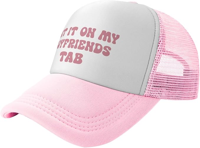 Put It On My Husband's Tab Drinking Trucker Hat - Funny Pink Trucker Hat for Women and Men