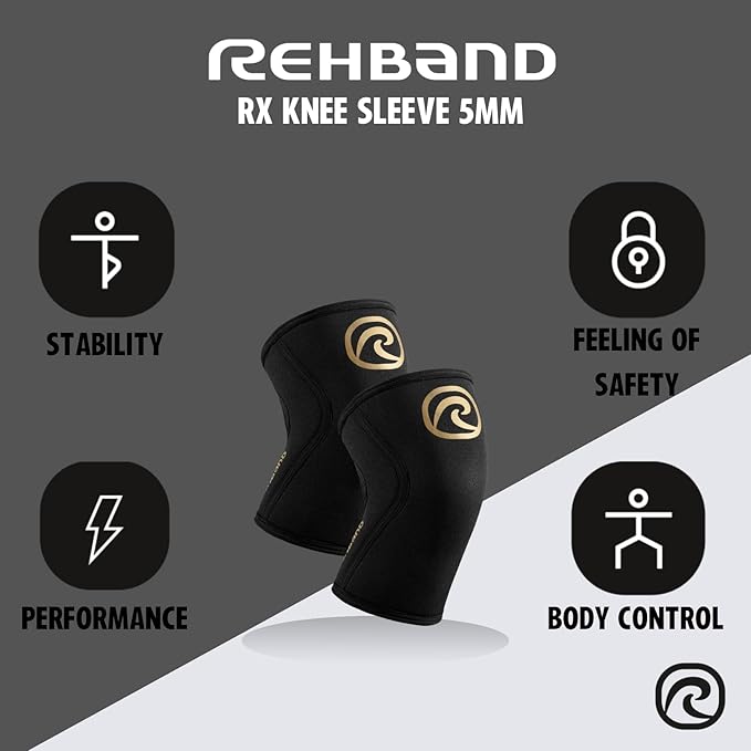 Rehband 5mm Knee Sleeves for Functional Training, Cross-Training & Powerlifting, Weightlifting Knee Support made of Neoprene, Unisex, Colour:Gold/Black - 1 Pair, Size:X-Small
